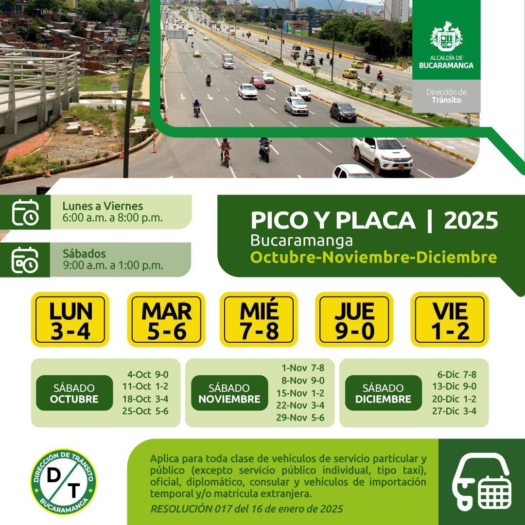 Entra en vigencia la rotación del pico y placa para vehículos particulares en Bucaramanga.