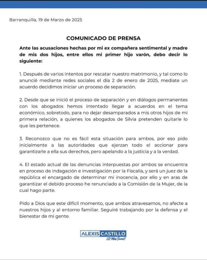 Comunicado del concejal de Barranquilla, Alexis Castillo.