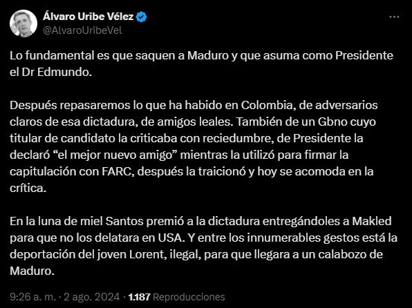 Publicación de Álvaro Uribe en X.