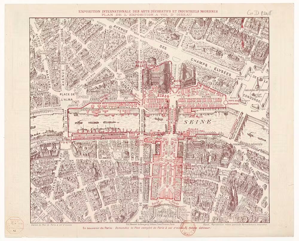 Espacio ocupado por la exposición de 1925 en el centro de la ciudad de París. Bibliotèque nationale de France
