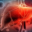 Hepatitis virus with human liver. 3d illustration