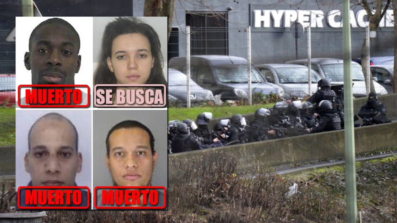 En la parte superior, Amédy Coulibaly y la prófuga Hayat Boumeddienne. Abajo, los hermanos Chérif y Said Kouachi.