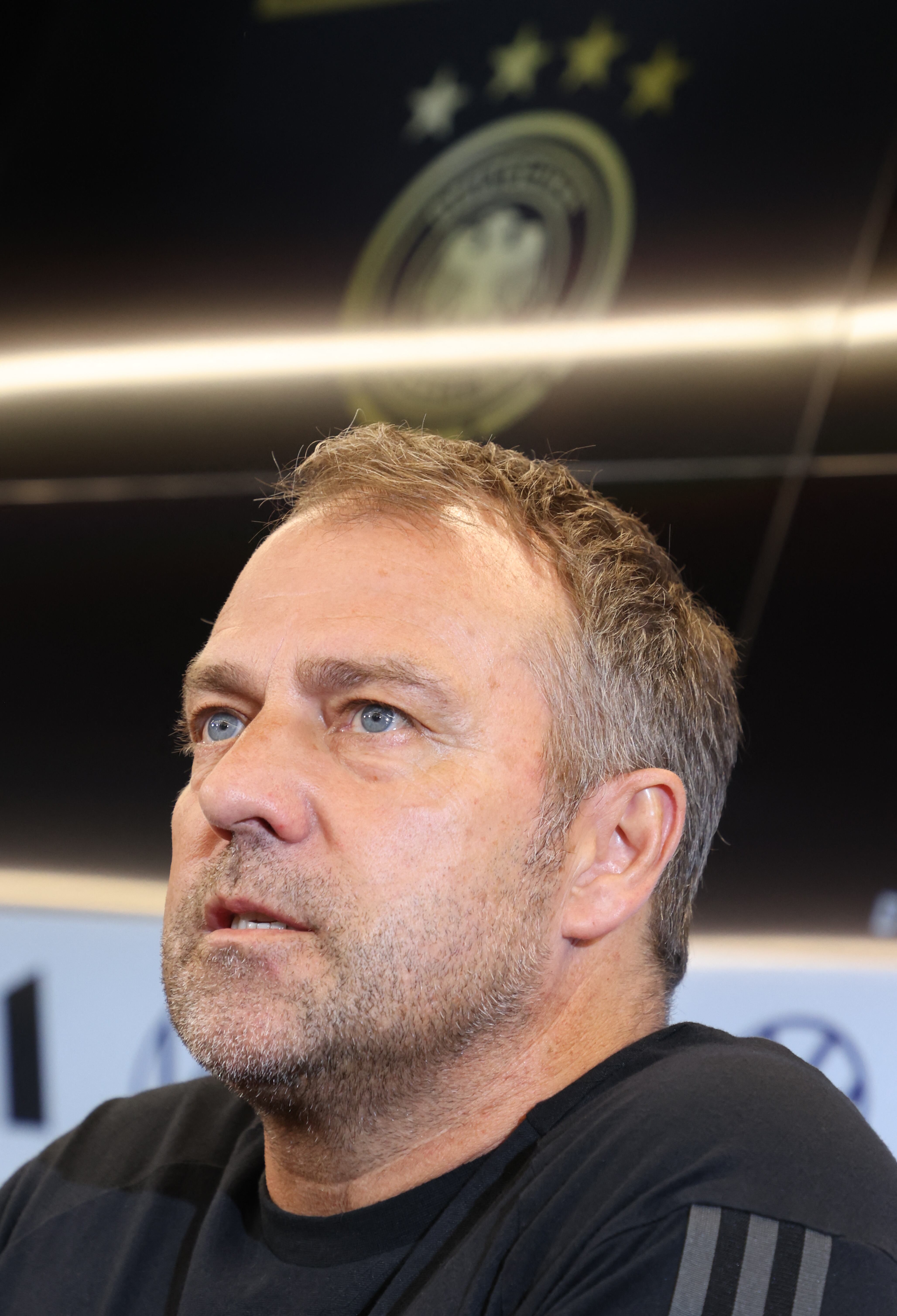 Germany's head coach Hans-Dieter Flick addresses the media during a news conference in Frankfurt am Main, western Germany, on June 19, 2023, on the eve of the international friendly football match Germany vs Colombia to be played in Gelsenkirchen, western Germany. (Photo by Daniel ROLAND / AFP)