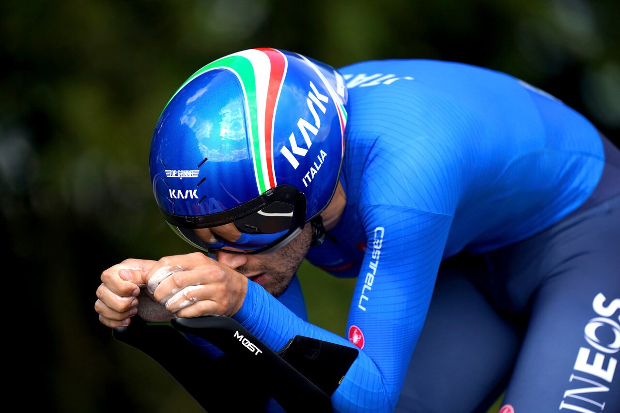 Italy's Filippo Ganna in the Men's Elite Individual Road Time Trial on day nine of the 2023 UCI Cycling World Championships in Stirling, Britain, Friday Aug. 11, 2023. (Tim Goode/PA via AP)