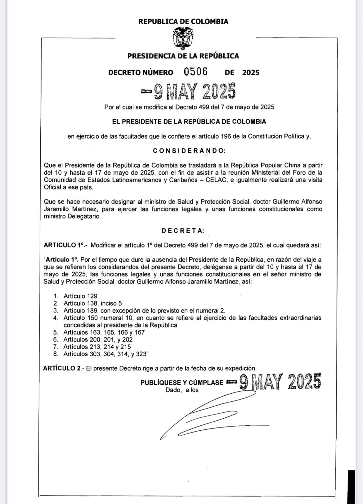 Decreto corrección funciones presidenciales Guillermo Alfonso Jaramillo