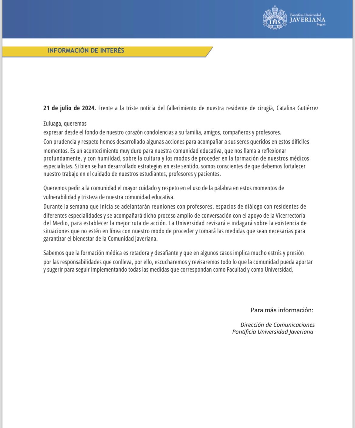 Comunicado Universidad Javeriana