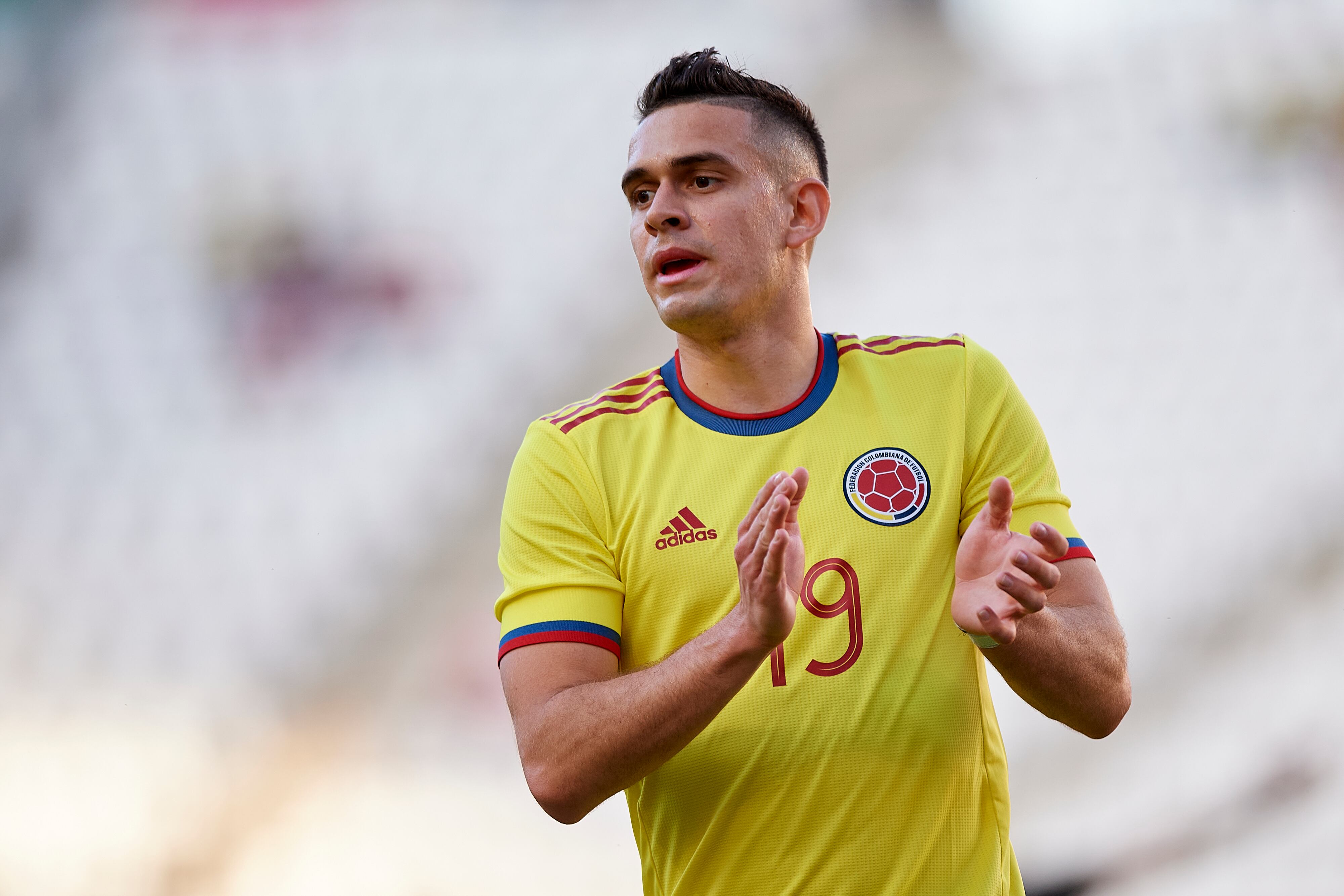MURCIA, SPAIN - JUNE 05: Rafael Santos Borre of Colombia reacts during the international friendly match between Saudi Arabia and Colombia at Estadio Enrique Roca on June 05, 2022 in Murcia, Spain. (Photo by Silvestre Szpylma/Quality Sport Images/Getty Images)