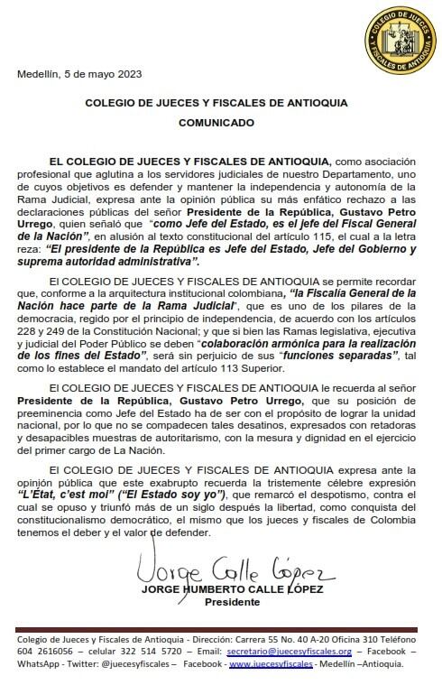 Documento emitido de manera oficial por el Colegio de Jueces y Fiscales de Antioquia