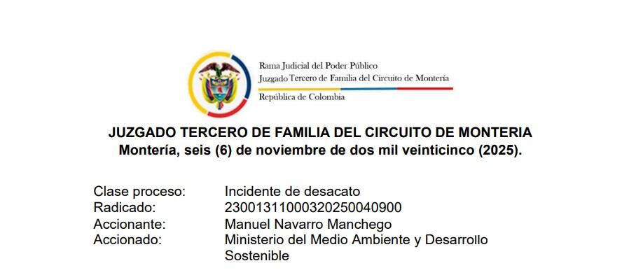 Fallo del Juzgado Tercero de Familia del Circuito de Montería al incidente de desacato contra el Ministerio de Ambiente y Desarrollo Sostenible.