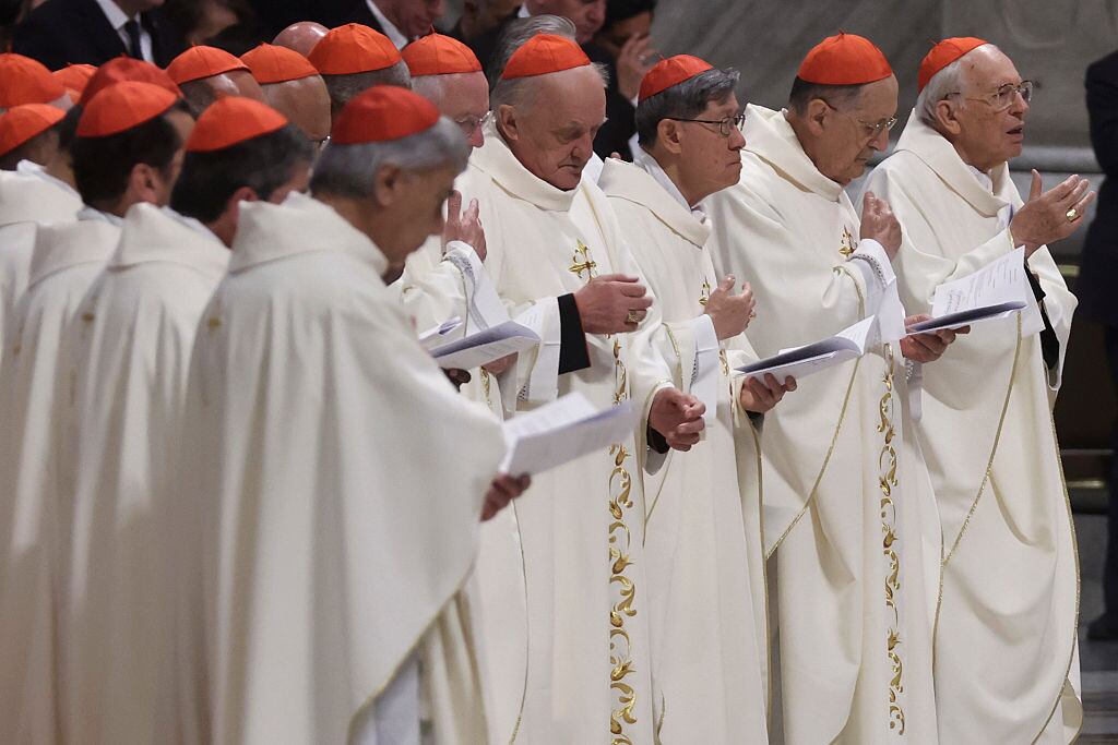 VATICAN CITY, VATICAN - MAY 04: Cardinal and Archbishop of the Philippines Luis Antonio Gokim Tagle (3rd from right) attends the ninth Novendiale Mass during the mourning period for Pope Francis in Saint Peter's Basilica on May 04, 2025 in Vatican City, Vatican. On May 7, 133 cardinals will enter the Sistine Chapel to begin the papal conclave, the secretive voting process that requires two-thirds majority to elect the new leader of the Catholic Church. The election follows the death of Pope Francis on April 21 at the age of 88. (Photo by Alessandra Benedetti - Corbis/Corbis via Getty Images)