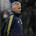Colombia's coach Reinaldo Rueda watches from the sidelines his team's qualifying soccer match for the FIFA World Cup Qatar 2022 against Brazil at Neo Quimica Arena stadium in Sao Paulo, Brazil, Thursday, Nov.11, 2021. (AP Photo/Andre Penner)
