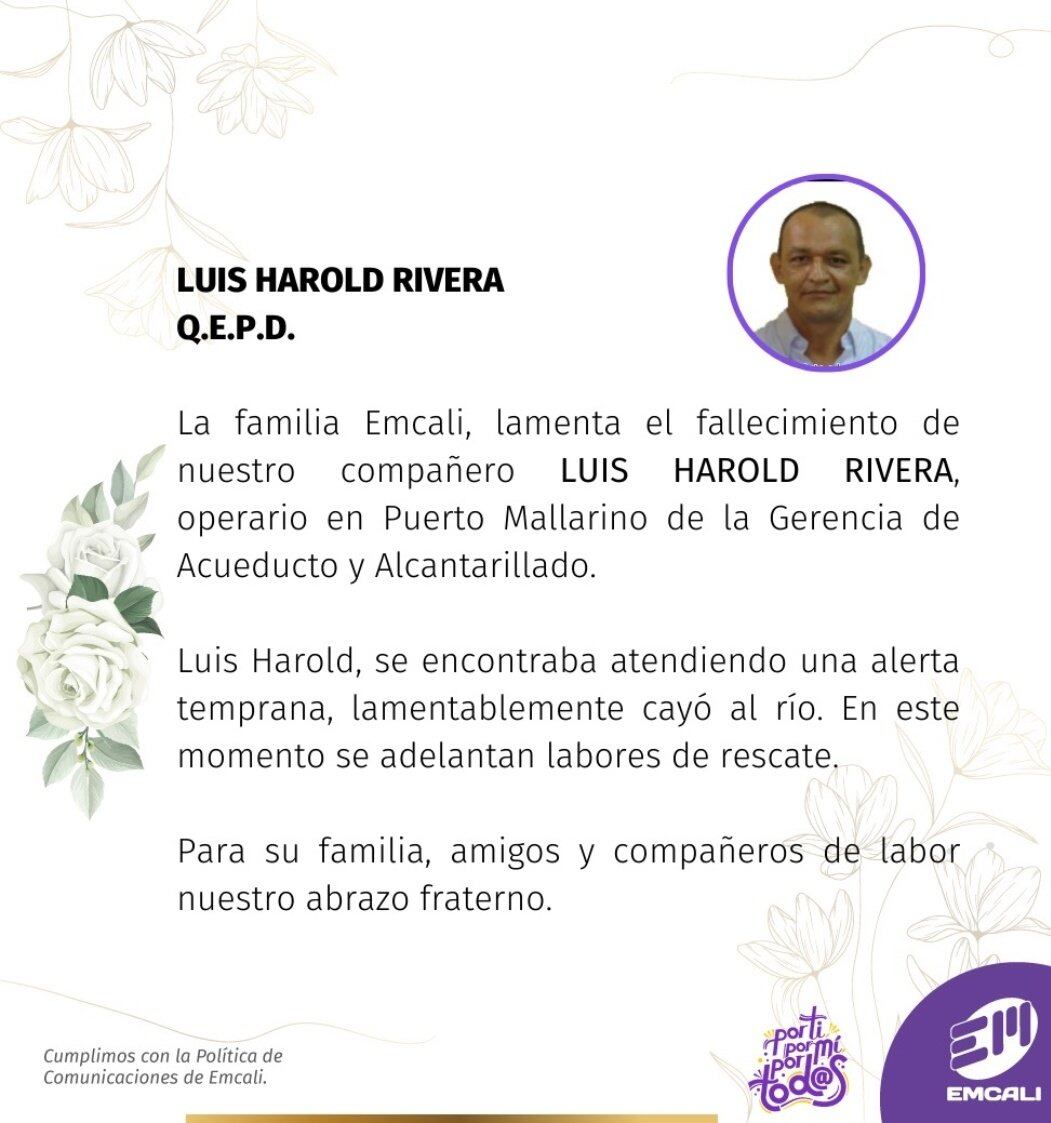 Este es el comunicado que Emcali emitió del fallecimiento de su operario tras caer al río Cauca.