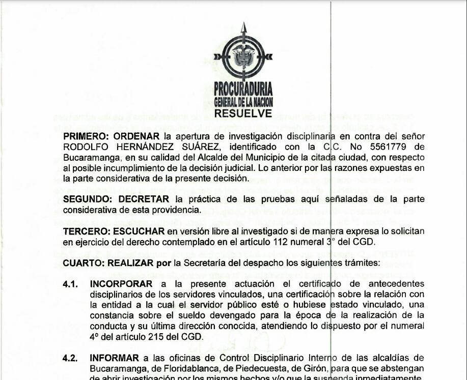 Procuraduría abrió investigación contra el exalcalde de Bucaramanga, Rodolfo Hernández.