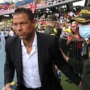 Colombian former goakleeper Oscar Cordoba (L) attends a tribute to Colombian former football player Freddy Rincon at the Pascual Guerrero stadium in Cali, Colombia, on April 16, 2022. Colombian former international midfield star Freddy Rincon died on April 13 aged 55 of injuries he sustained in a traffic accident, doctors said.