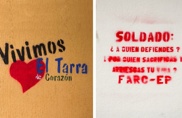 En algunos pueblos, como en El Tarra, las casas exhiben no solo pinturas de la guerrilla sino mensajes con los que las autoridades locales intentan mostrar otras facetas de la realidad.