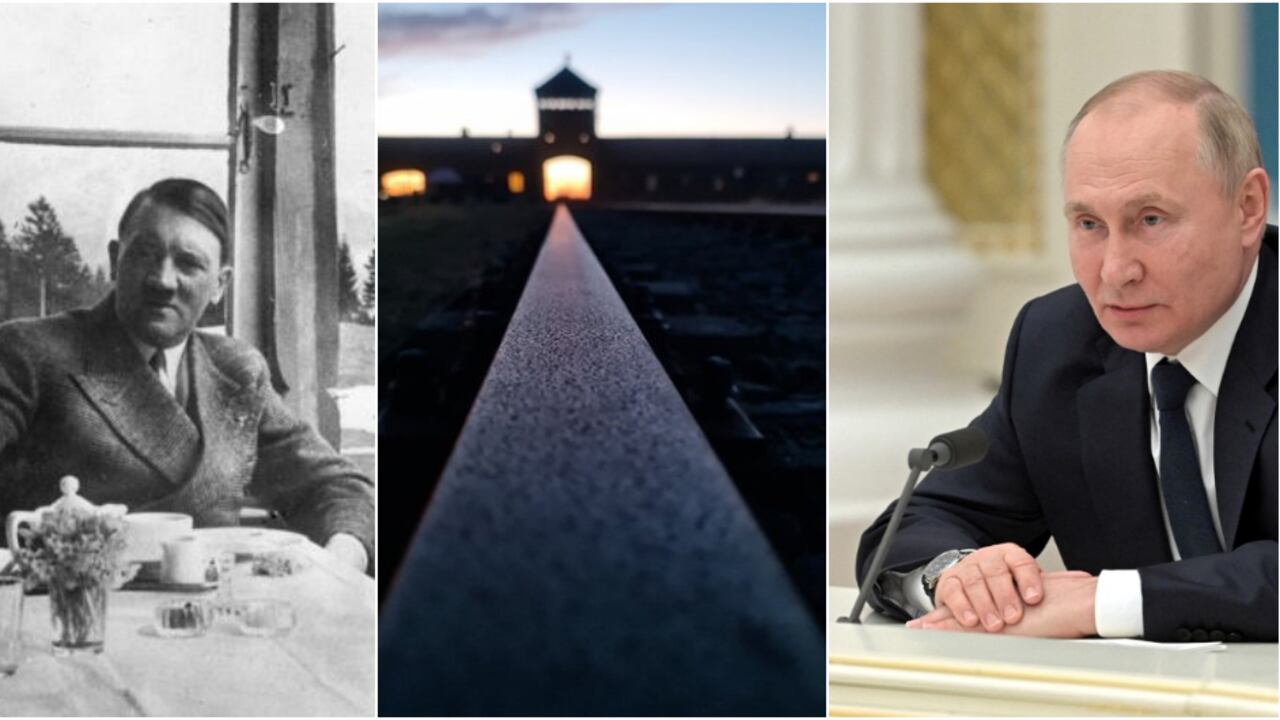 El exdictador alemán Adolf Hitler, el campo de concentración de Auschwitz, en Polonia, y Vladimir Putin, presidente de Rusia