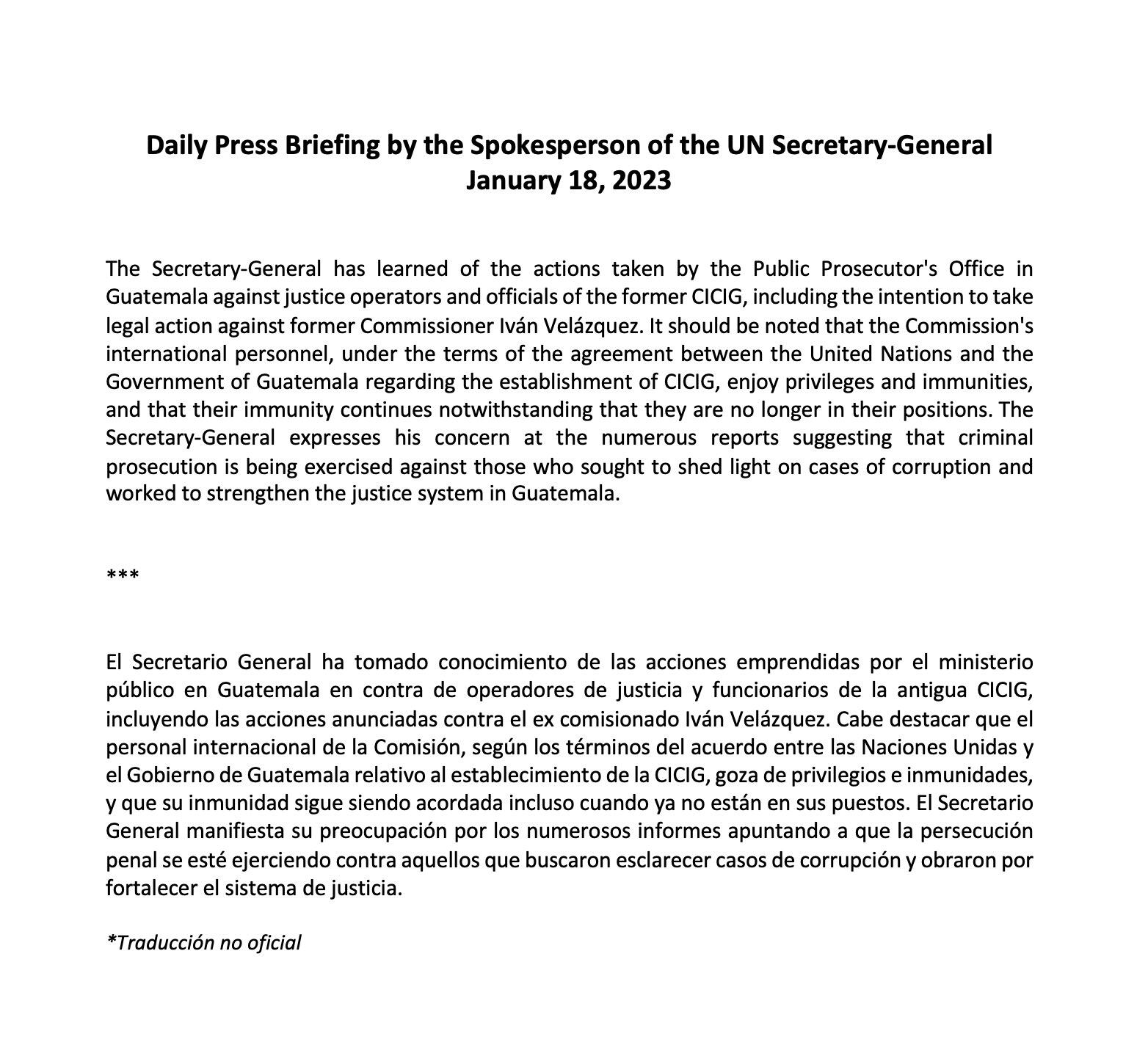 La ONU mostró su respaldo a Velásquez