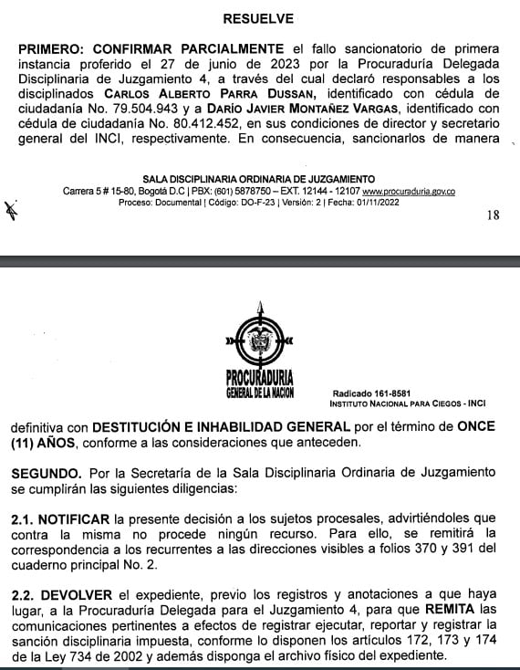 La Procuraduría confirmó la sanción en segunda instancia contra el director del Instituto Nacional para Ciegos.