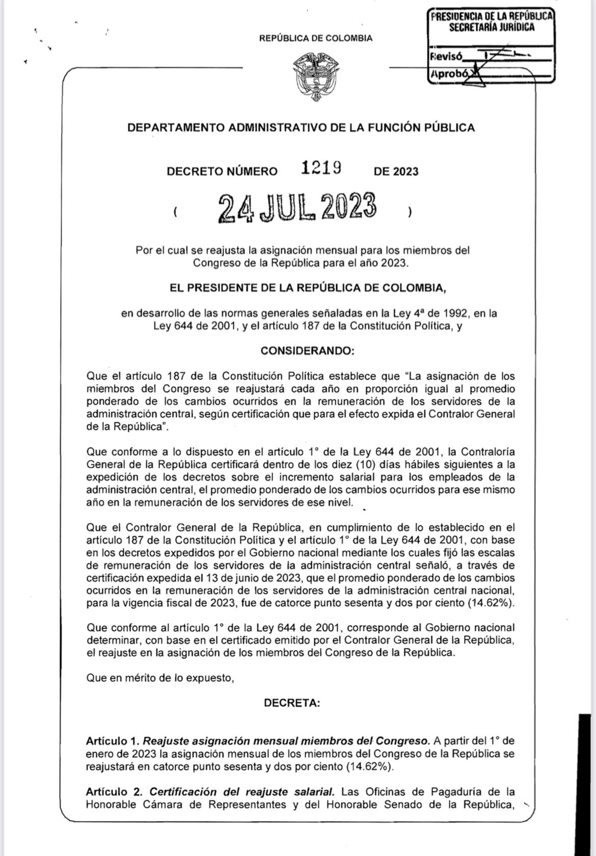 Decreto aumento salario congresistas