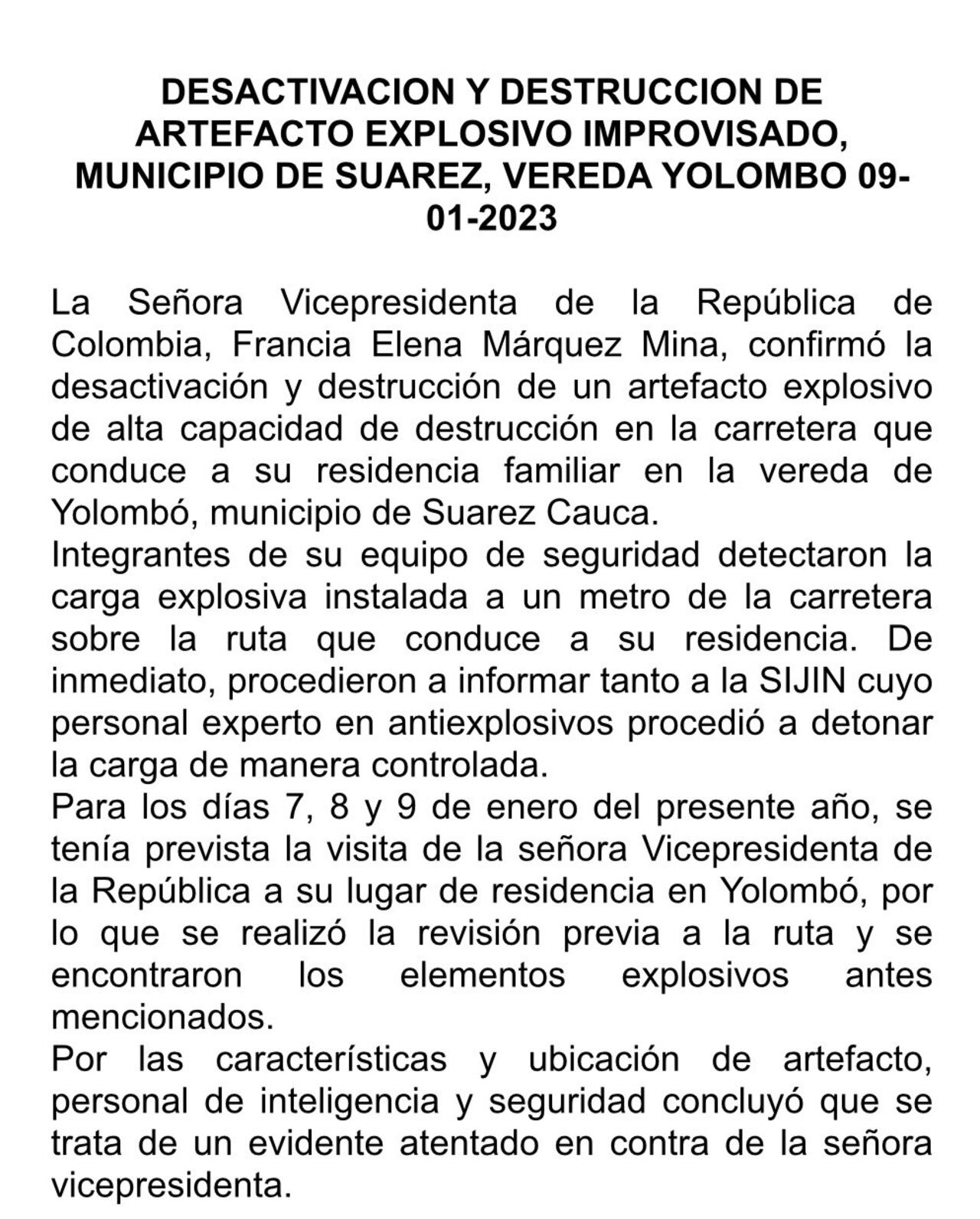 Informe hallazgo explosivos