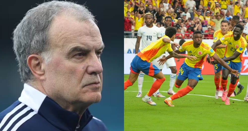 Marcelo Bielsa y Jhon Córdoba tras anotar gol ante Panamá.