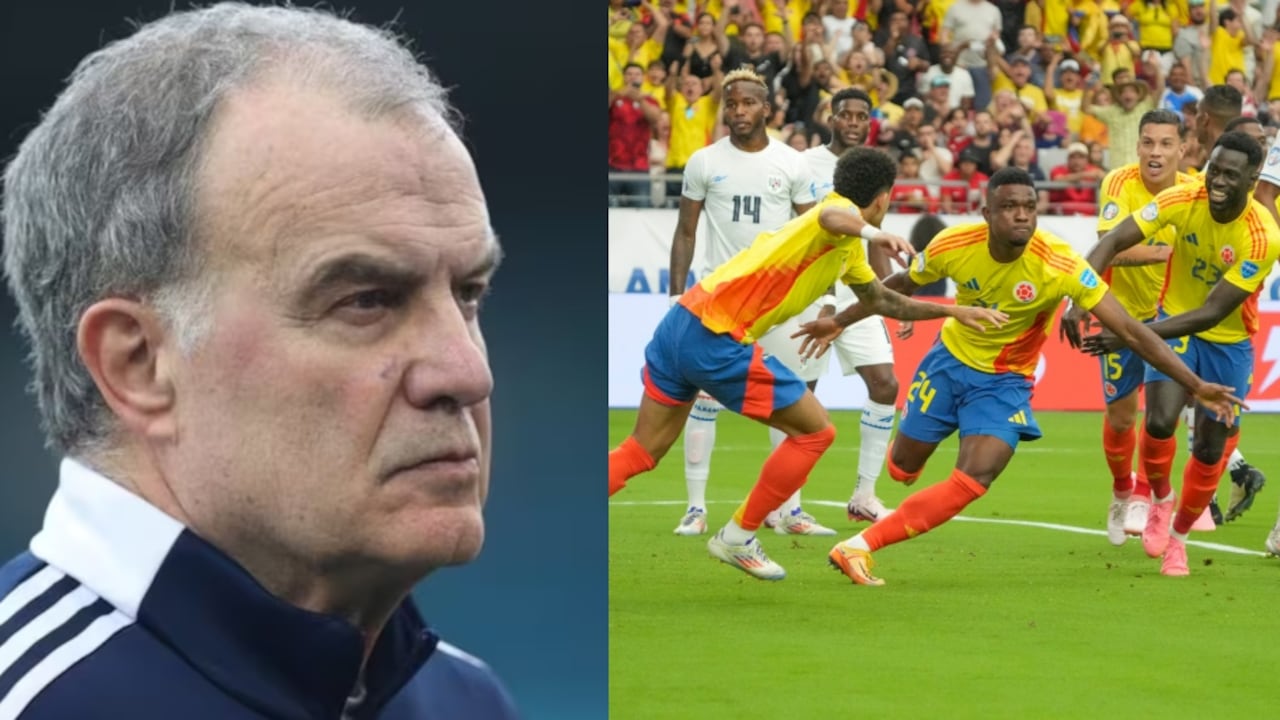 Marcelo Bielsa y Jhon Córdoba tras anotar gol ante Panamá.