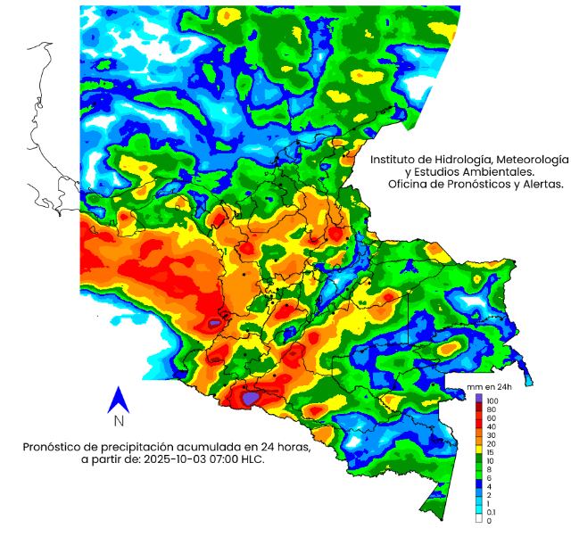 La escala de colores indica la cantidad de precipitación acumulada (en milímetros) el 3 de octubre de 2025