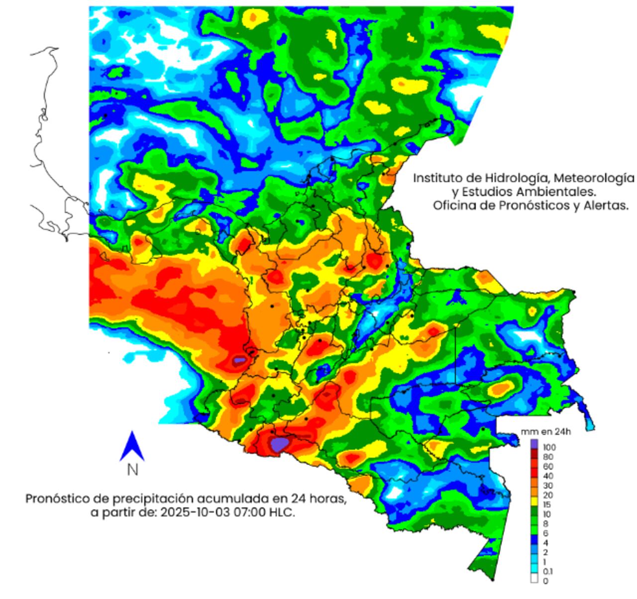 La escala de colores indica la cantidad de precipitación acumulada (en milímetros) el 3 de octubre de 2025