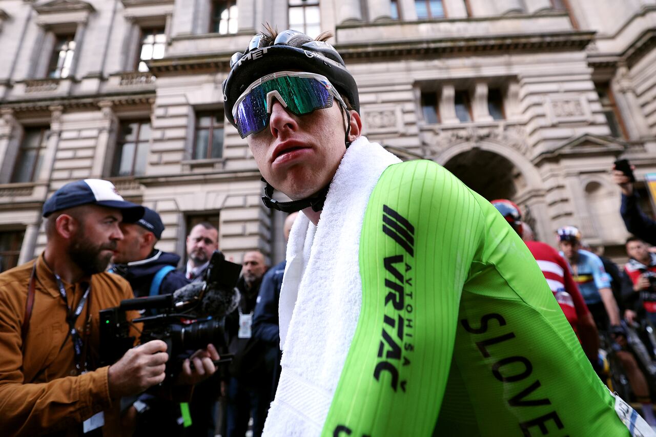 GLASGOW, SCOTLAND - AUGUST 06: Bronze medal winner Tadej Pogacar of Slovenia reacts after the 96th UCI Cycling World Championships Glasgow 2023, Men Elite Road Race a 271.1km one day race from Edinburgh to Glasgow / #UCIWT / on August 06, 2023 in Glasgow, Scotland. (Photo by Dean Mouhtaropoulos/Getty Images)
