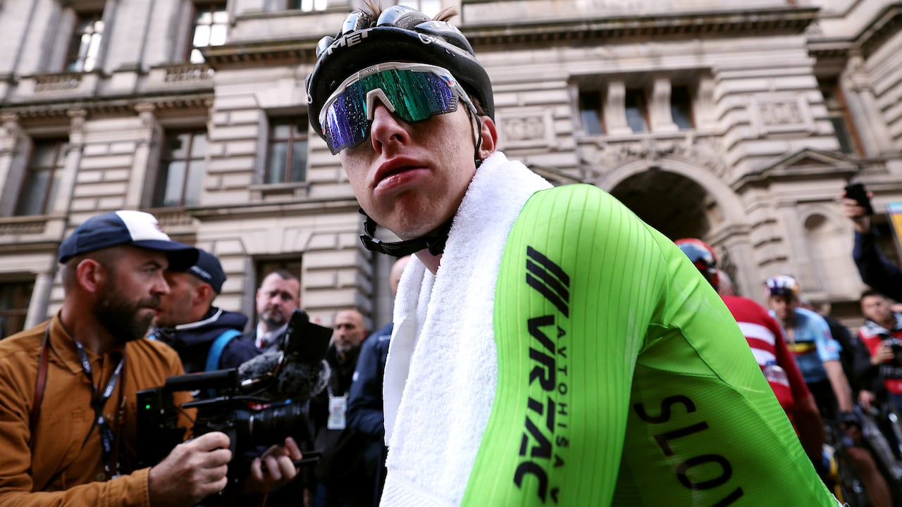 GLASGOW, SCOTLAND - AUGUST 06: Bronze medal winner Tadej Pogacar of Slovenia reacts after the 96th UCI Cycling World Championships Glasgow 2023, Men Elite Road Race a 271.1km one day race from Edinburgh to Glasgow / #UCIWT / on August 06, 2023 in Glasgow, Scotland. (Photo by Dean Mouhtaropoulos/Getty Images)