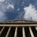 (FILES) The facade of the British Museum is pictured in central London on August 24, 2018. The British Museum on Wednesday said it had dismissed a member of staff after items from its collection were found to be "missing, stolen or damaged". The items included gold jewellery and gems of semi-precious stones and glass dating from 15th century BC to the 19th century, it said in a statement. (Photo by Daniel LEAL / AFP)