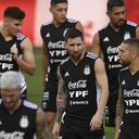 Argentina's Lionel Messi, center, and teammates practice Thursday, Sept. 22, 2022, in Fort Lauderdale, Fla. Argentina is scheduled to play against Honduras on Friday in an international friendly soccer match. (AP/Michael Laughlin)
