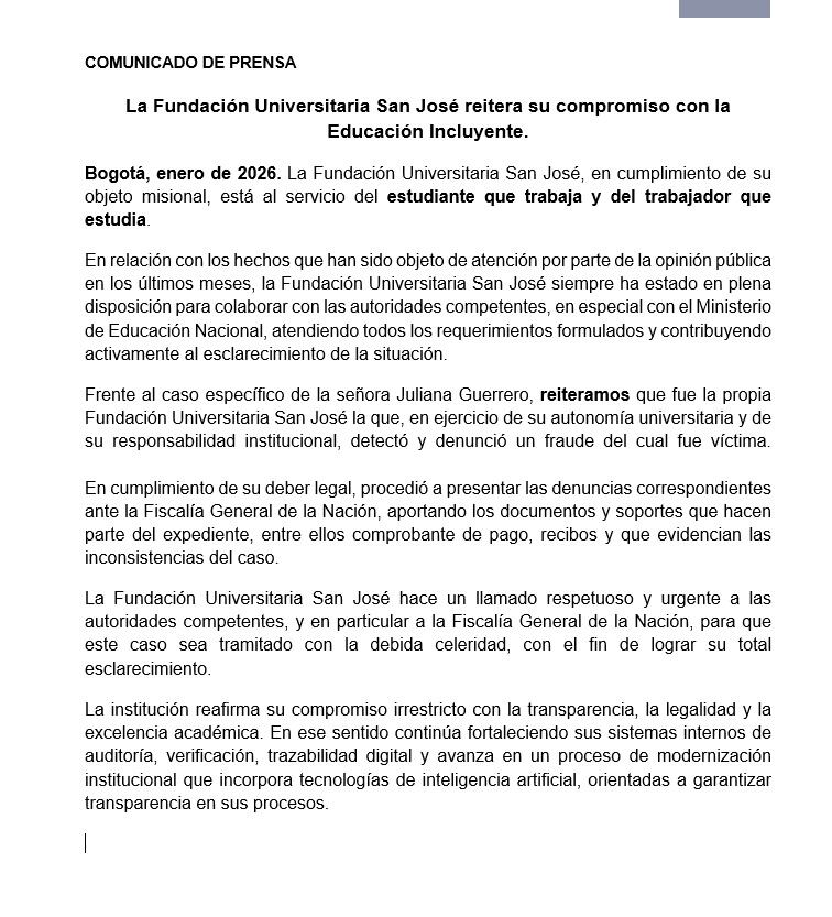 La Fundación Universitaria aseguró que aportó documentos por el caso Juliana Guerrero.