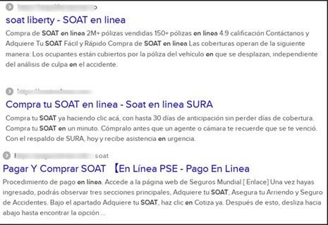 Páginas fraudulentas que venden el SOAT que están destacadas en Google.