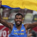 Anthony Zambrano, of Colombia, reacts after his second place finish in the final of the men's 400-meters at the 2020 Summer Olympics, Thursday, Aug. 5, 2021, in Tokyo. (AP Photo/Matthias Schrader)