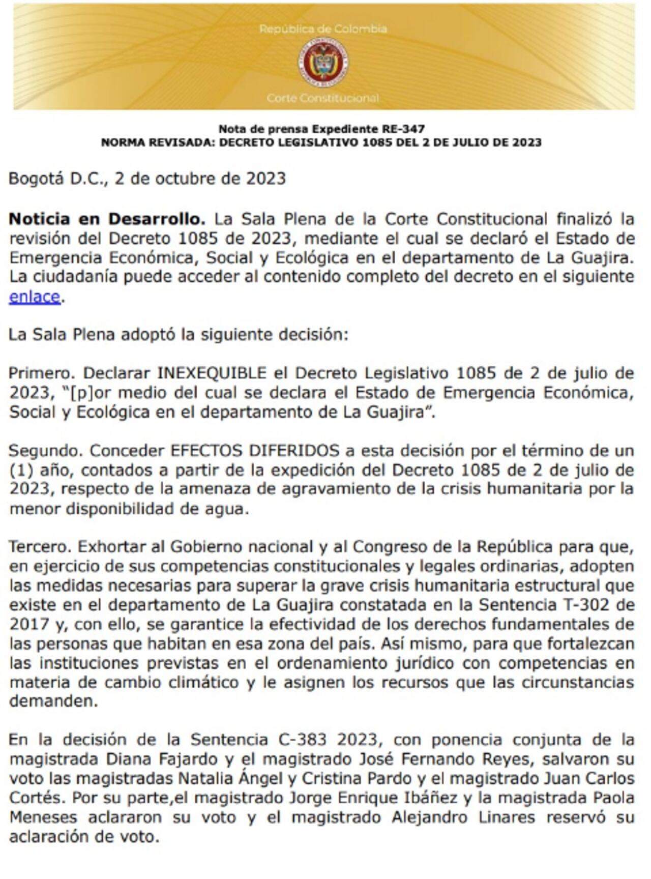 Corte Constitucional tumbó el decreto de emergencia social en La Guajira.