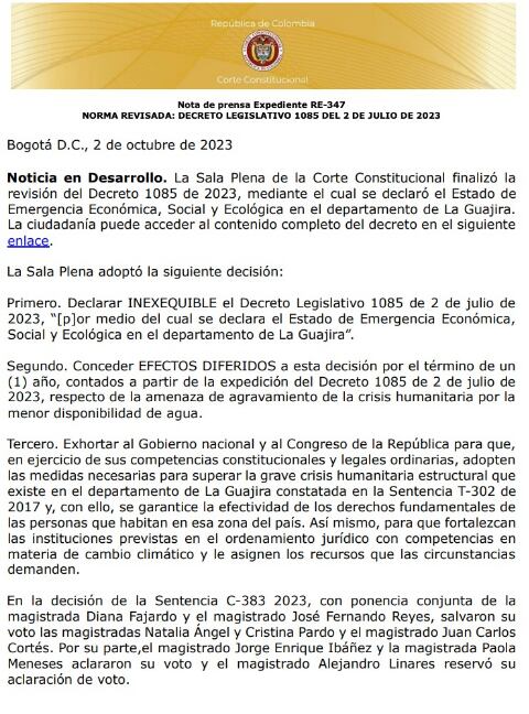 Corte Constitucional tumbó el decreto de emergencia social en La Guajira.