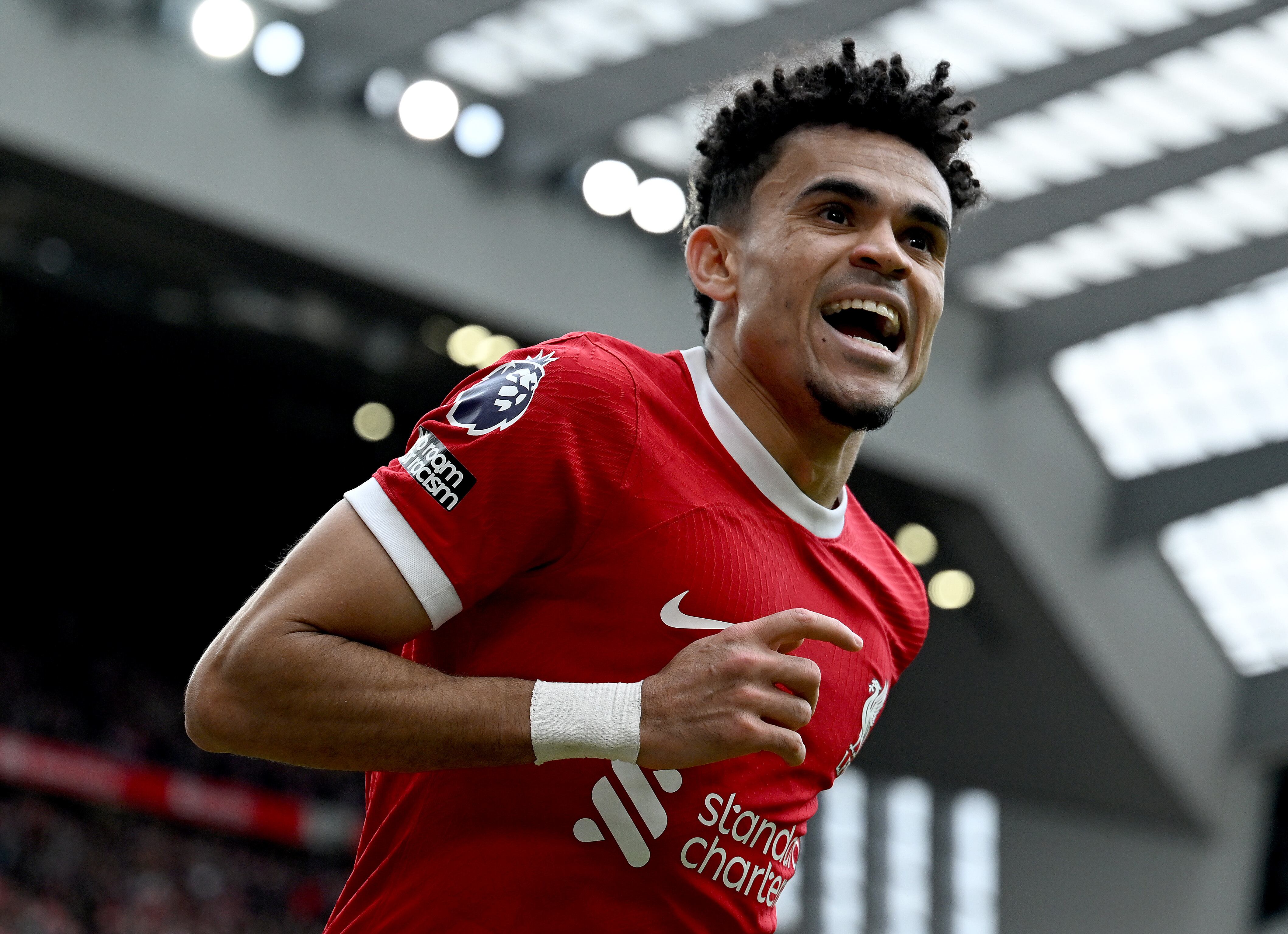 LIVERPOOL, ENGLAND - MARCH 31: (THE SUN OUT, THE SUN ON SUNDAY OUT) Luis Diaz of Liverpool during the Premier League match between Liverpool FC and Brighton & Hove Albion at Anfield on March 31, 2024 in Liverpool, England. (Photo by Nick Taylor/Liverpool FC/Liverpool FC via Getty Images)