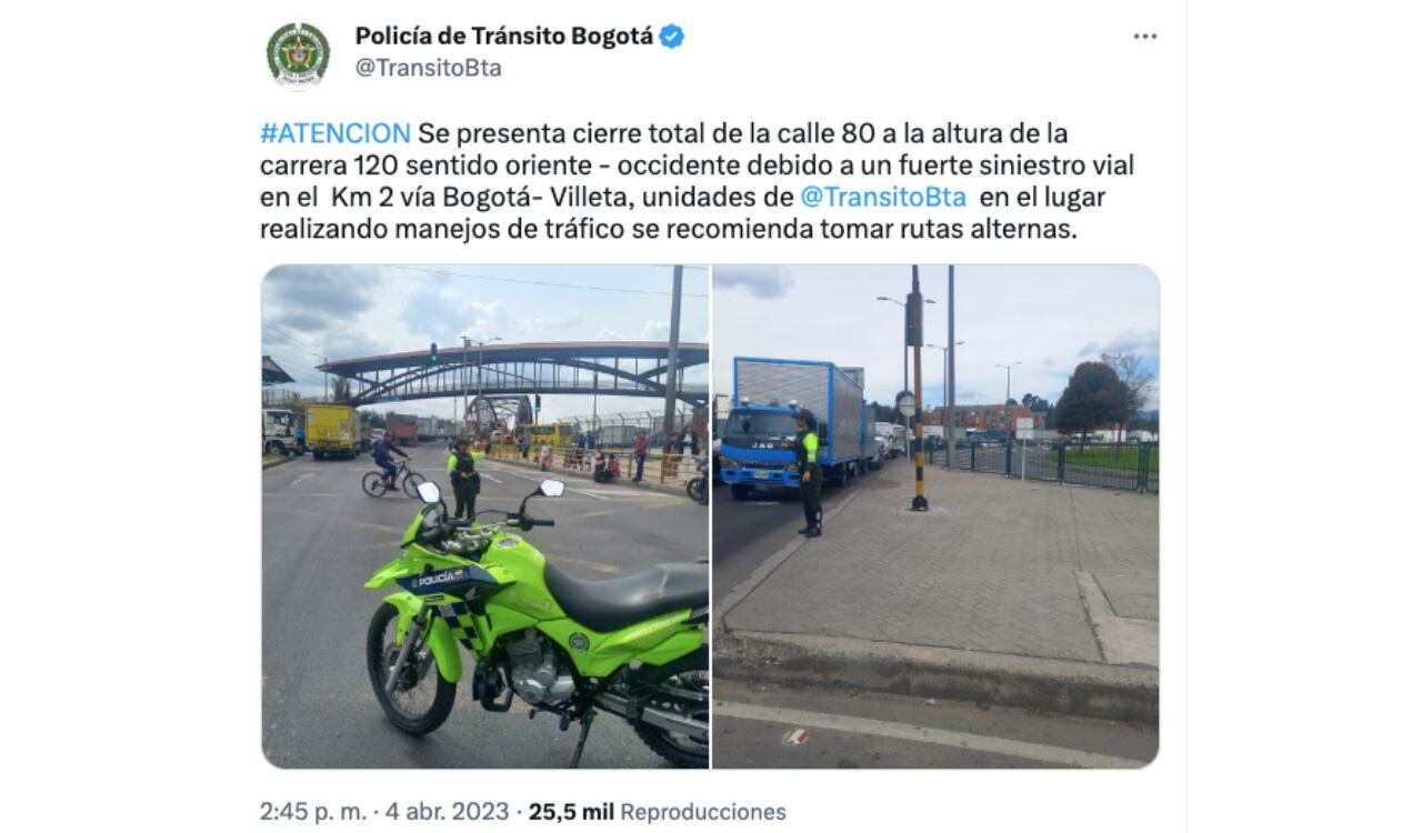 La Policía de Tránsito de Bogotá informó sobre el cierre total de la Calle 80