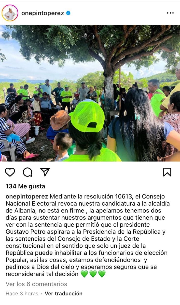 Publicación de Oneida Pinto en Instagram.