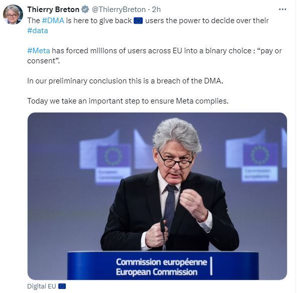 Publicación de Thierry Breton en X.