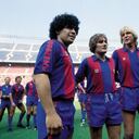 Maradona, Schuster and Archibald, presentation of the F.C BArcelona (Photo by Sigfrid Casals/Cover/Getty Images)