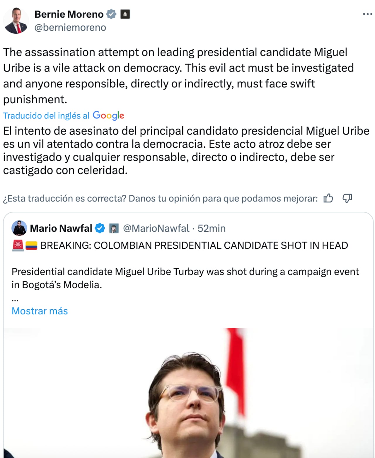 Reacción de Bernie Moreno