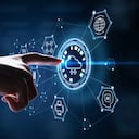 Concepto de tecnología de computación en la nube con punto de dedo humano de renderizado 3d en pantalla gráfica