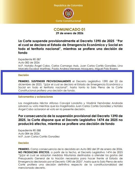 Corte Constitucional suspendió los efectos del decreto de emergencia económica.