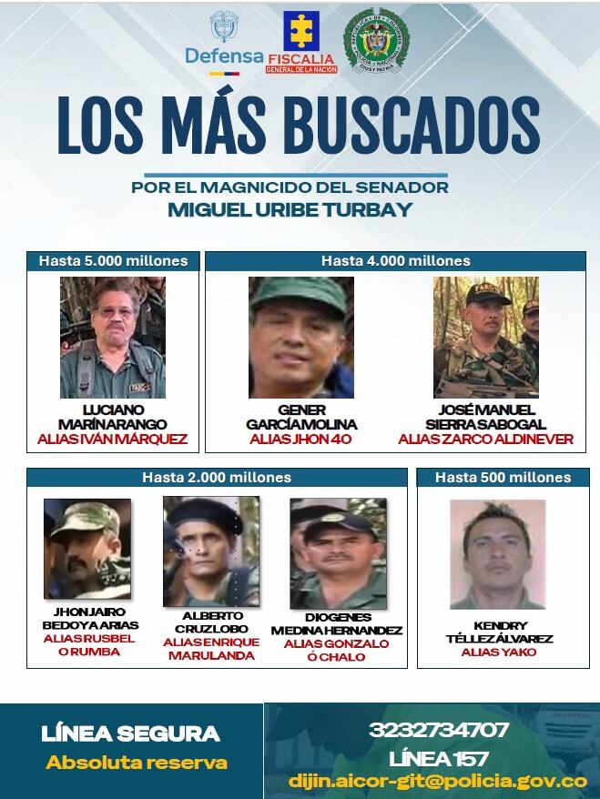 La Fiscalía dictó orden de captura contra los cabecillas de la Segunda Marquetalia por el homicidio de Miguel Uribe Turbay. A todos se les expidió circular roja de Interpol.