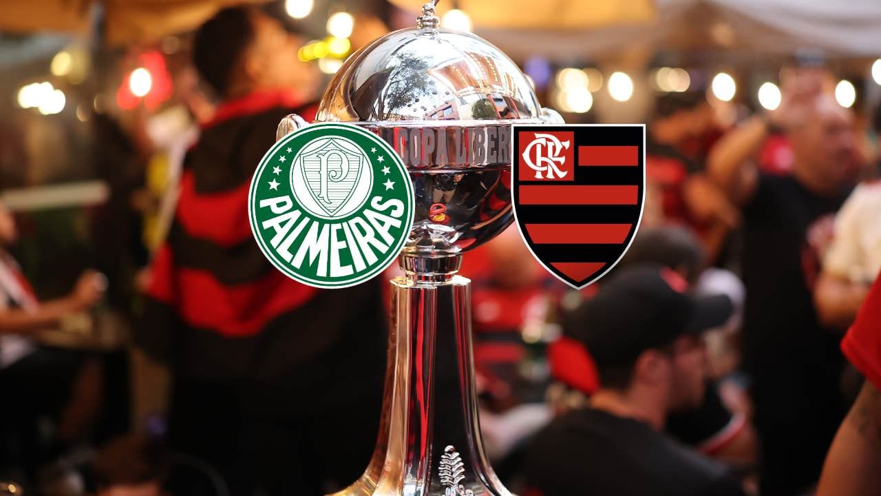 Trofeo de la Copa Libertadores y escudo de Palmeiras y Flamengo.
