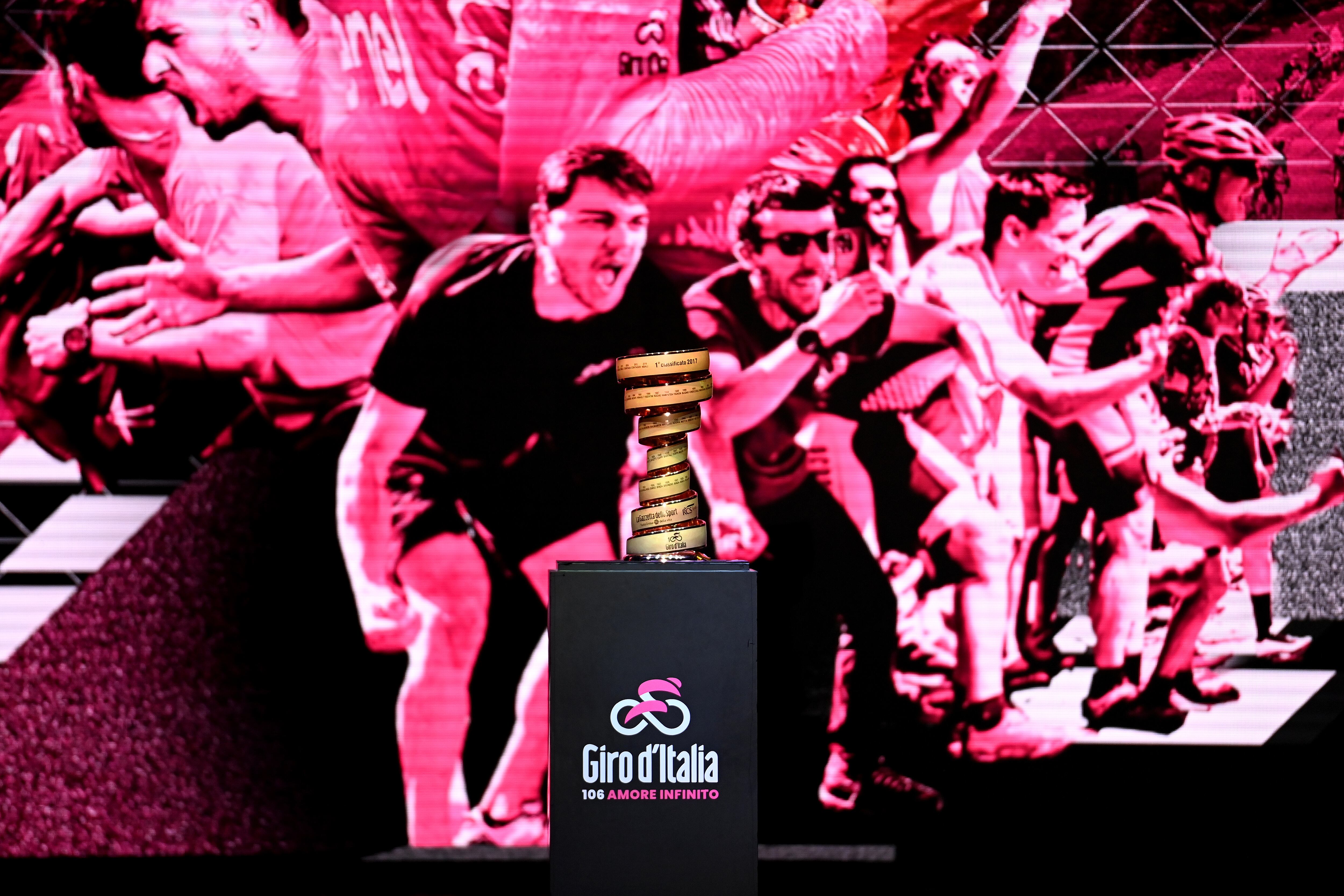 PESCARA, ITALY - MAY 04: Detail view of the Trofeo Senza Fine during the 106th Giro d'Italia 2023, Team Presentation at the Piazza della Rinascita (Piazza Salotto) / #UCIWT / on May 04, 2023 in Pescara, Italy. (Photo by Tim de Waele/Getty Images)