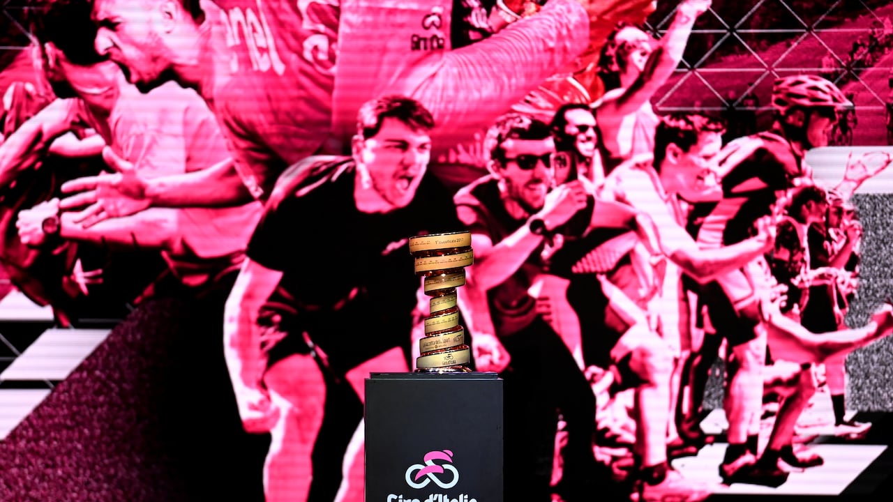 PESCARA, ITALY - MAY 04: Detail view of the Trofeo Senza Fine during the 106th Giro d'Italia 2023, Team Presentation at the Piazza della Rinascita (Piazza Salotto) / #UCIWT / on May 04, 2023 in Pescara, Italy. (Photo by Tim de Waele/Getty Images)
