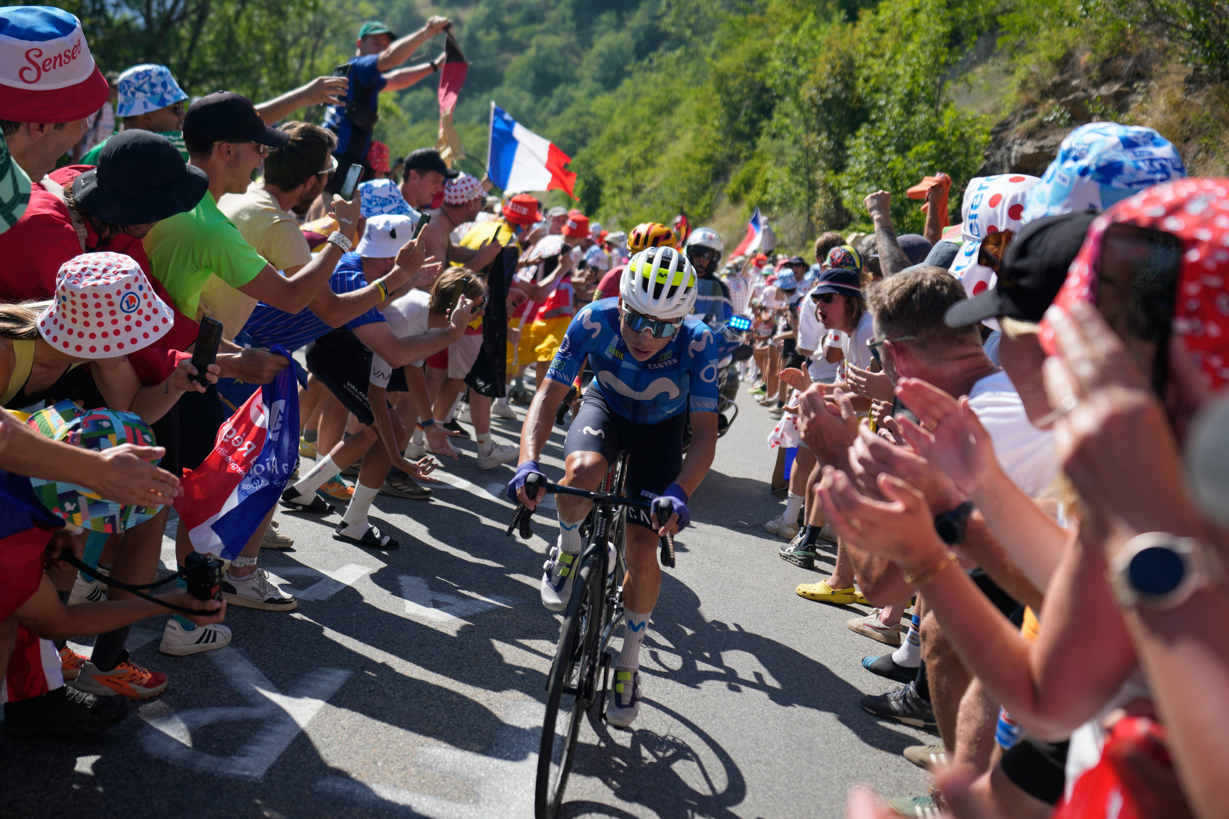 Colombia's Einer Rubio climbs Alpe d'Huez during the nineteenth stage of the Tour de France cycling race with start in Gap and finish in Alpe d'Huez, France, Friday, July 24, 2026. (AP Photo/Mosa'ab Elshamy)